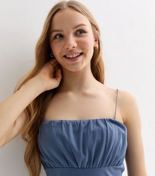 Girls Blue Ribbed Ruched Cami...