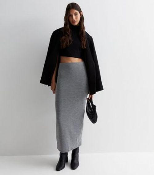 Grey Ribbed Jersey Midi Skirt...