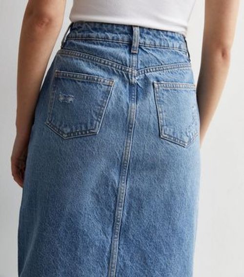 Blue Denim Ripped Midi Skirt...