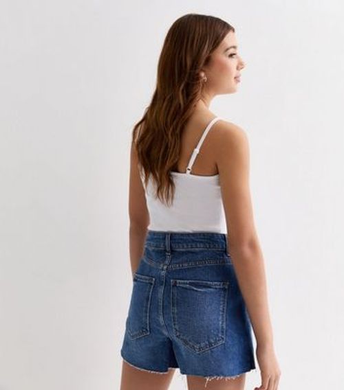 Blue Denim Raw Hem Mom Shorts...