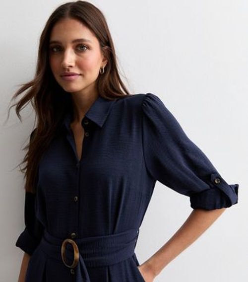 Navy Belted Midi Shirt Dress...