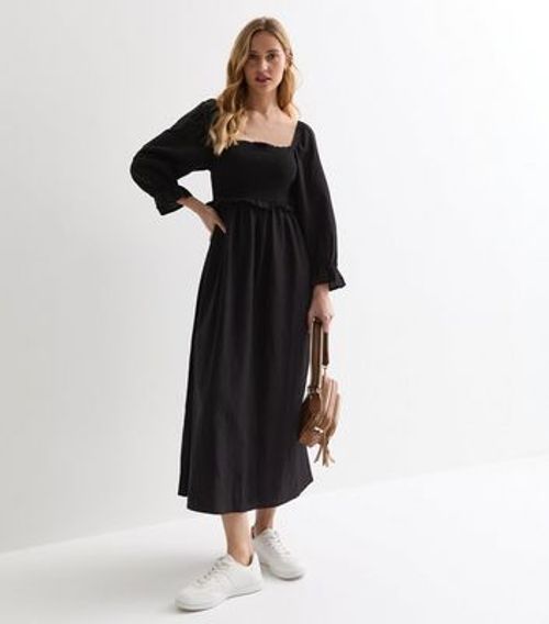 Black Square Neck Midi Dress...