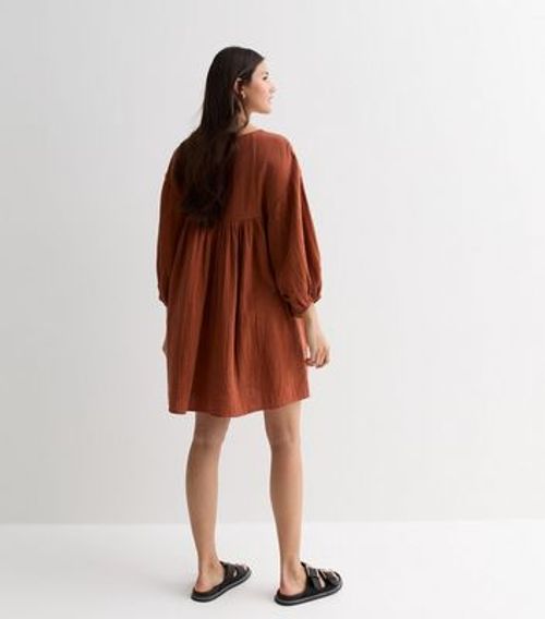 Rust Cotton V Neck Mini Smock...