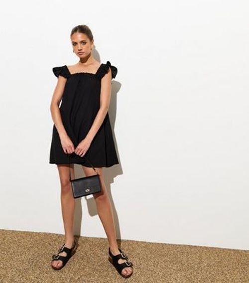 Black Cotton Frill-Trim Mini Dress New Look