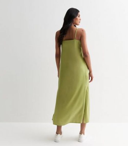 Green Satin Split Hem Midi...