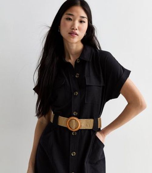 Black Short Sleeve Belted...