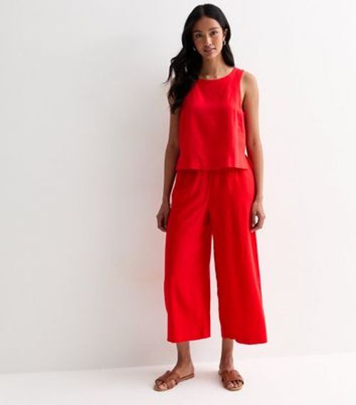 Red Linen Blend Crop Wide Leg...