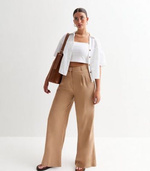 Light Brown Linen-Blend Wide-Leg Tailored Trousers New Look