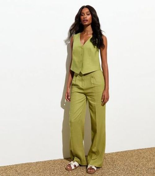 Green Linen-Blend Wide-Leg...