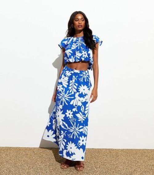 Blue Floral Print Midi Skirt...