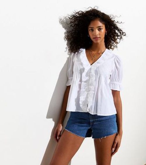 White Ruffle Neck Cotton Top...