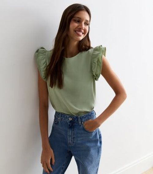 Khaki Cotton Frill Sleeve Top...