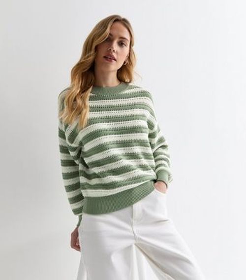 Green Stripe Mesh Stitch Knit...