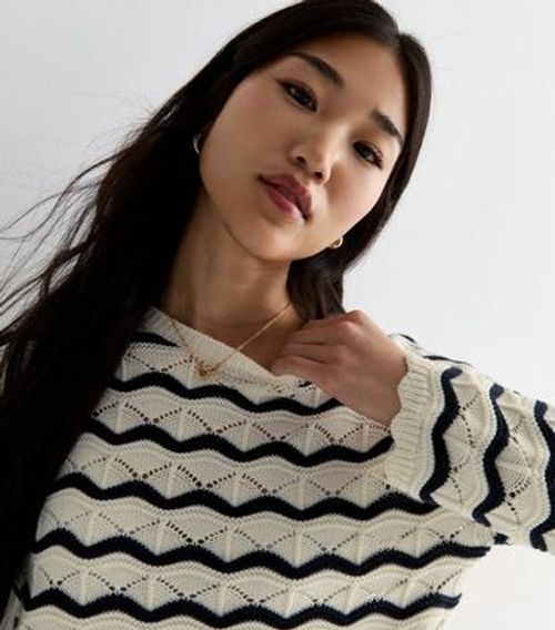 White Wavy Stripe Stitch Knit...