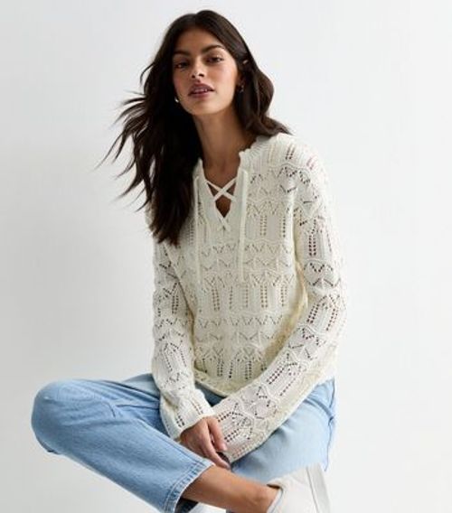 Cream Stitch Knit Lace Up...