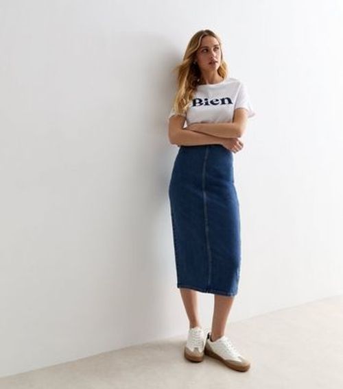 Blue Denim Midi Tube Skirt...