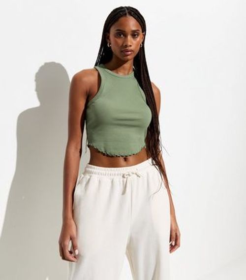 Khaki Ribbed Scoop Hem Crop...