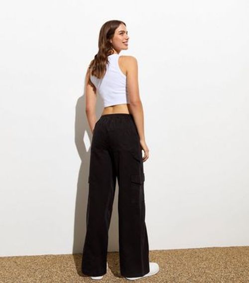 Black Denim Wide Leg Cargo...