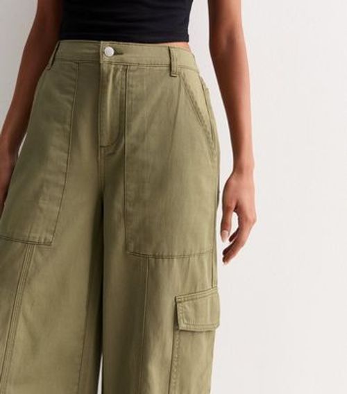 Khaki Denim Wide Leg Cargo...