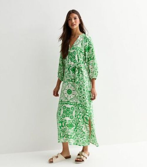 Green Tile Print Belted Midi...