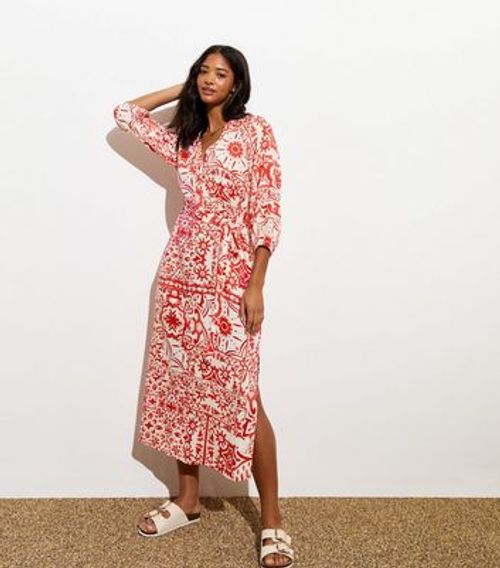 Red Tile Print Belted Midi...