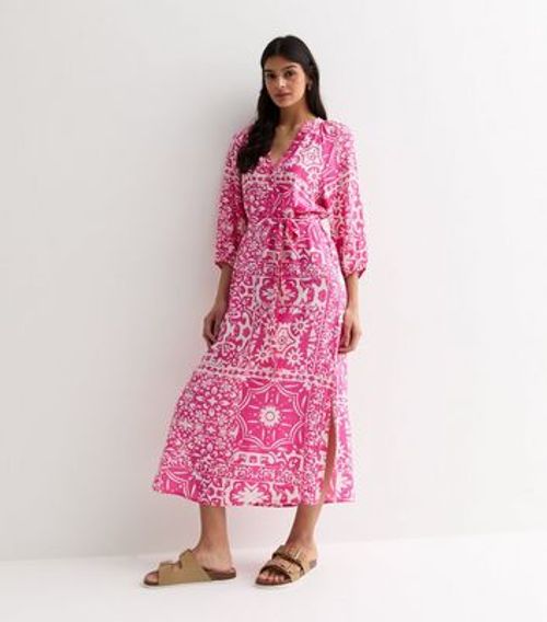 Pink Tile Print Belted Midi...