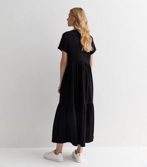 Black Cotton Midi Smock Dress...