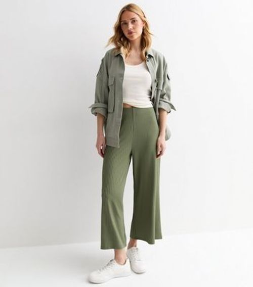 Khaki Ribbed Jersey Crop Wide...