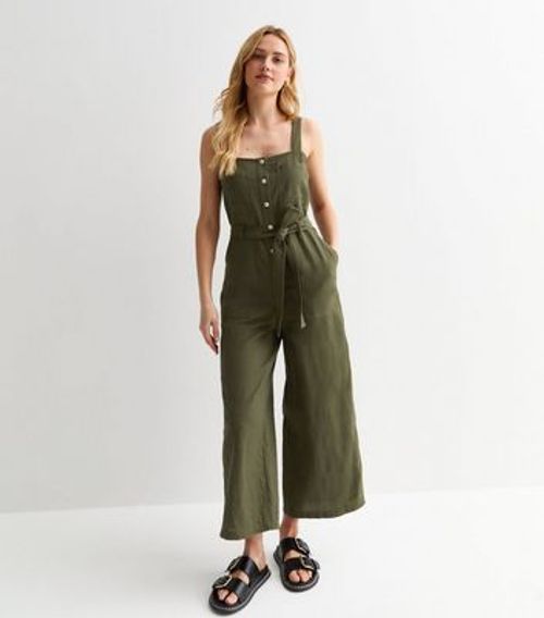 Khaki Square-Neck Cotton Jumpsuit New Look