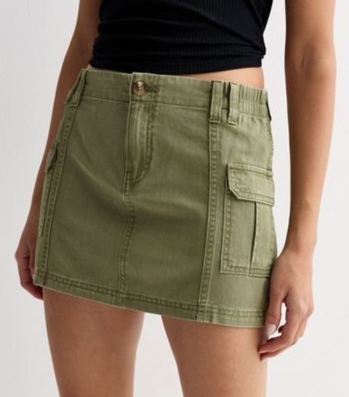 Khaki Denim Mini Cargo Skirt...