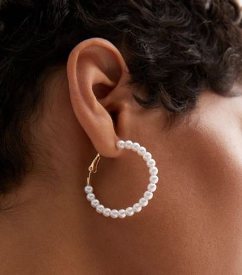 Gold Faux Pearl Hoop Earrings...