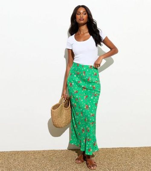 Green Floral Bias Cut Midi...