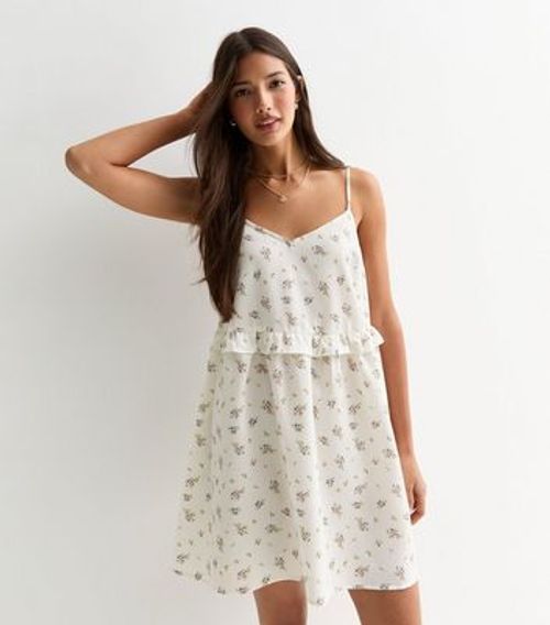 White Floral Print Textured Mini Dress New Look