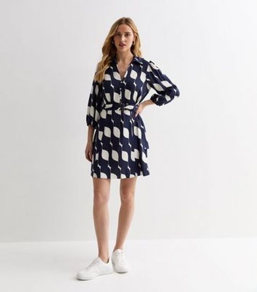 Navy Geometric Print Belted...