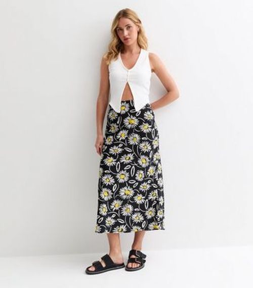 Black Daisy-Print Midi Skirt...