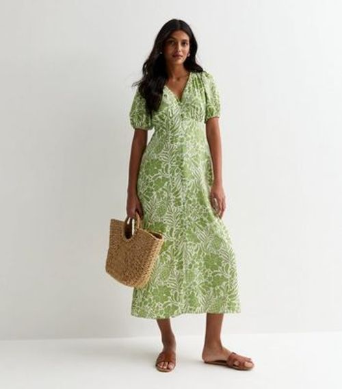 Green Tropical Floral Print Ditsy Midi Dress New Look