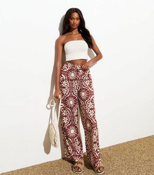 Brown Abstract-Print Wide Leg...