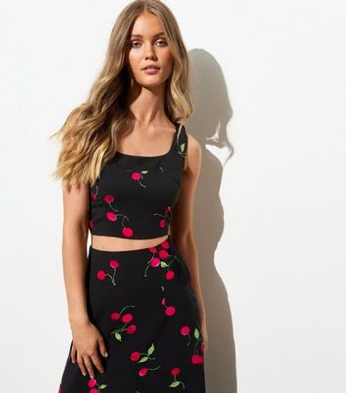 Black Cherry Print Tie Shoulder Crop Top New Look