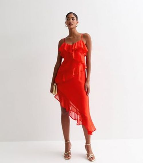 Red Ruffle-Trim Asymmetric...