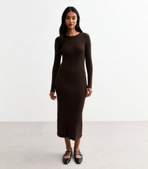 Brown Crew Neck Rib Knit Midi...