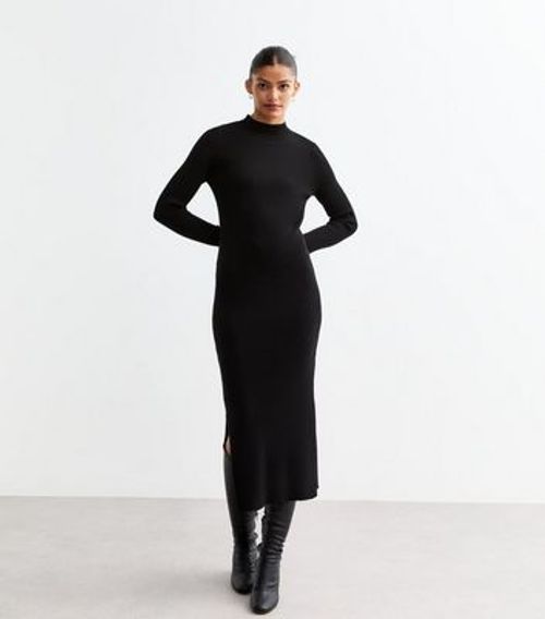 Black Rib Knit High Neck Midi...