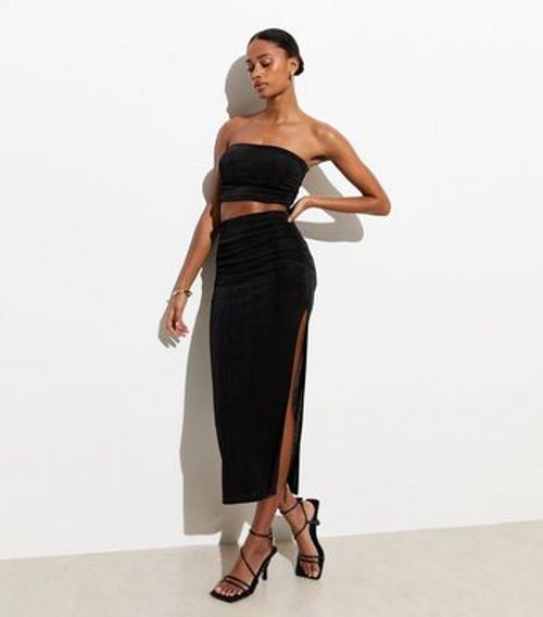 Black High Shine Ruched Midi...