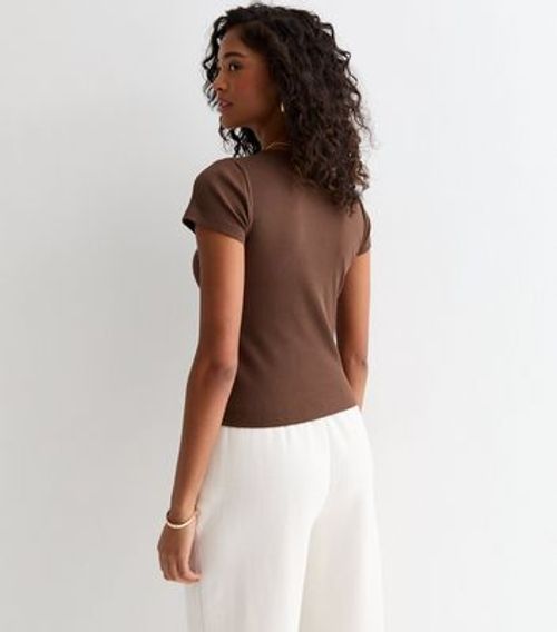 Brown Ribbed Crew Neck Top...