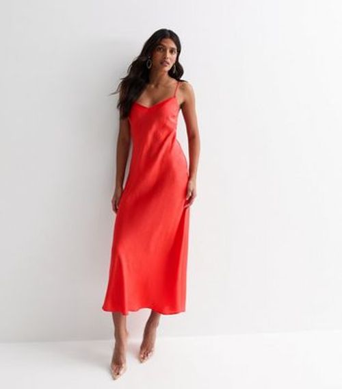 Red Cross-Strap Satin Slip...