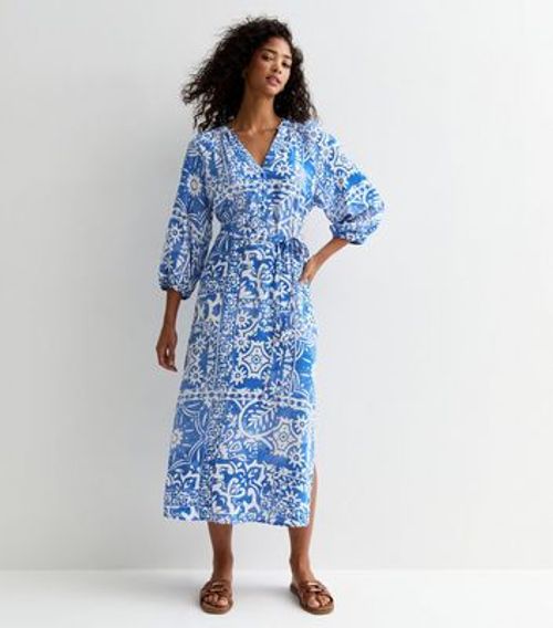 Blue Tile Print Grandad Midi...