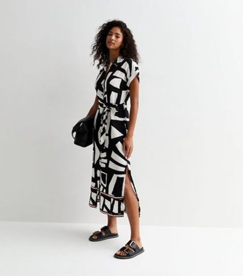 Black Abstract Print Belted...