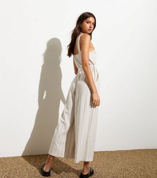 White Buttoned Stripe Print Belted Crop Leg Jumpsuit New Look