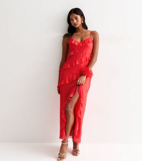 Red Ruffle-Trim Strappy Midi...