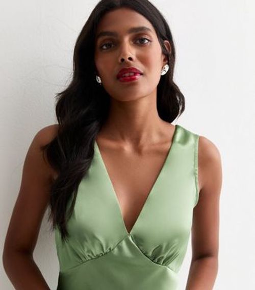 Olive Satin V Neck Sleeveless...