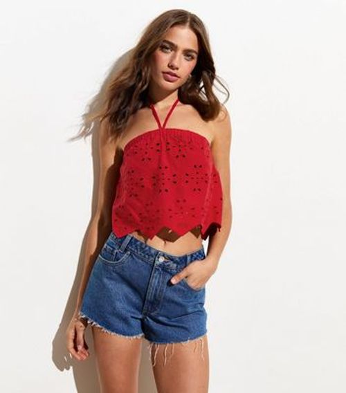 Red Cotton Embroidered Halter...